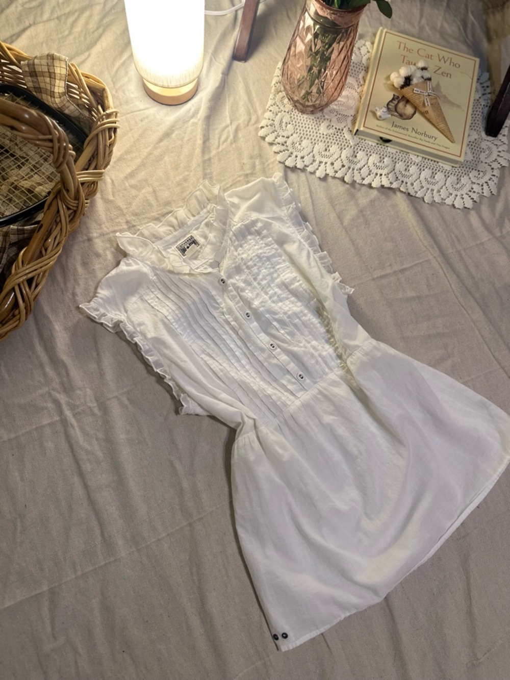 vintage coquette white ruffle pintuck blouse